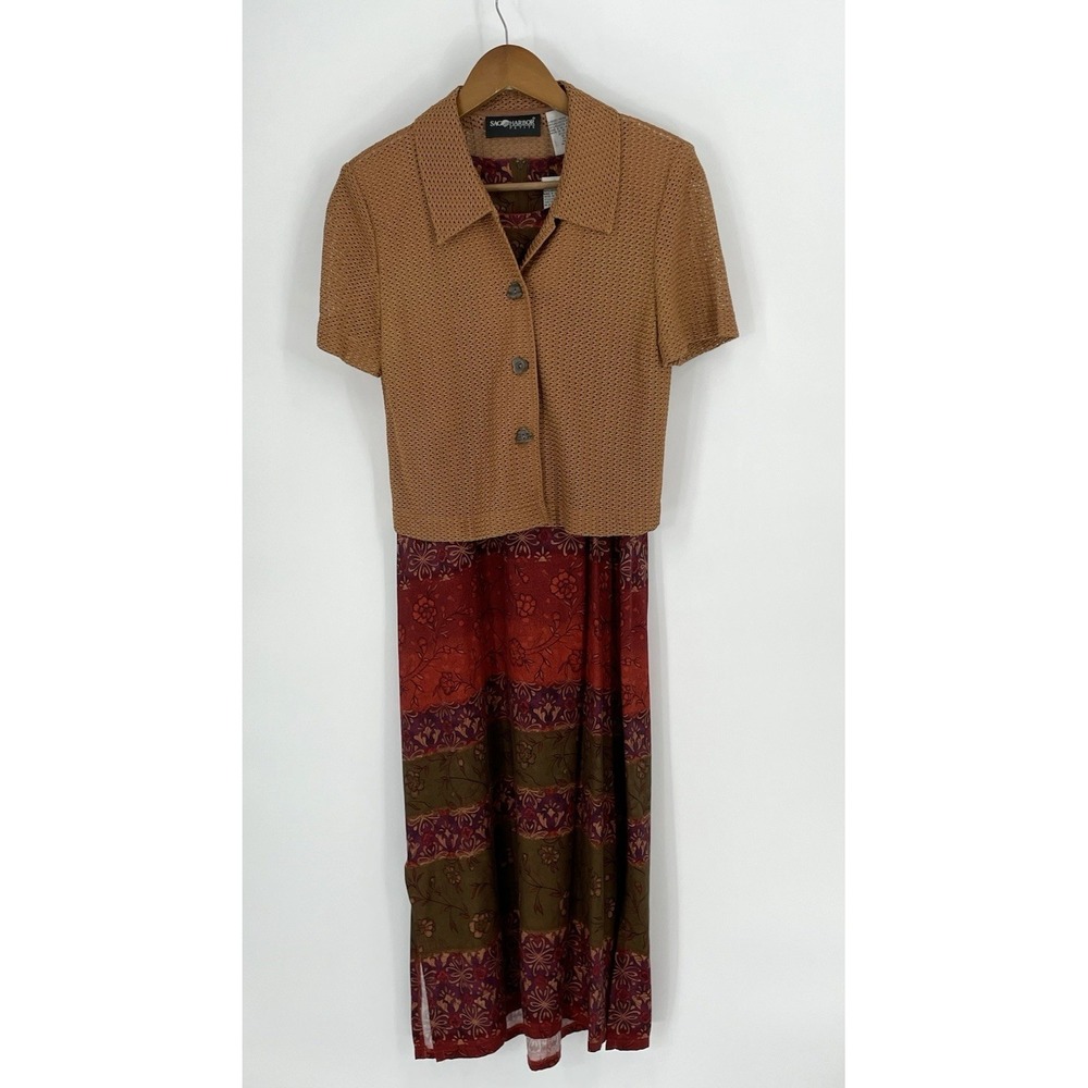 Sag Harbor Women 6P Jacket Dress Set Tan Basket Weave Floral Sleeveless Dress